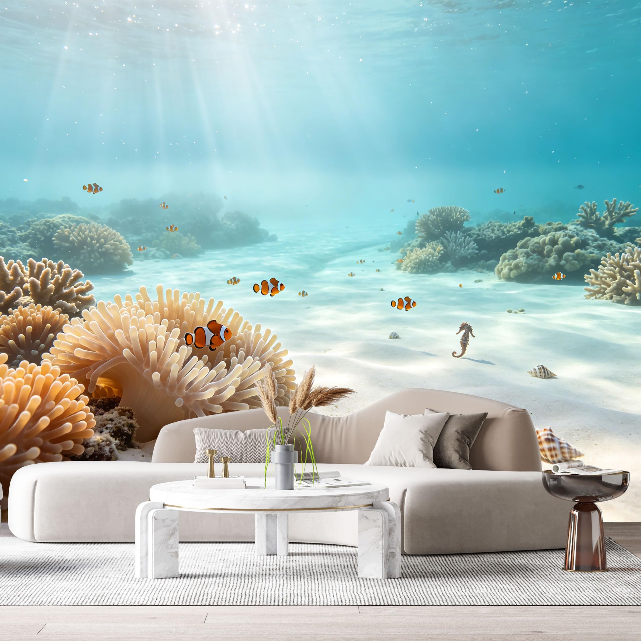 Custom Size Wall Murals Ocean Marine Tropical Reef Clownfish Underwater World SelfAdhesiveWall Fabric Removable Wallpaper Wall Decor for Living Room Bedroom Bathroom