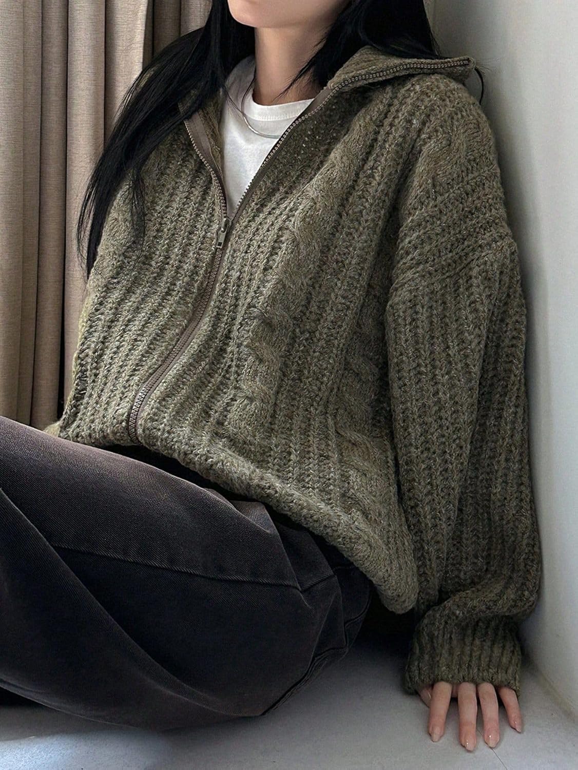 Oversized Chunky Cardigan Sweaters for Women Cable Knit Zipper Collar Warm Fall Cardigan Trendy - Image 6