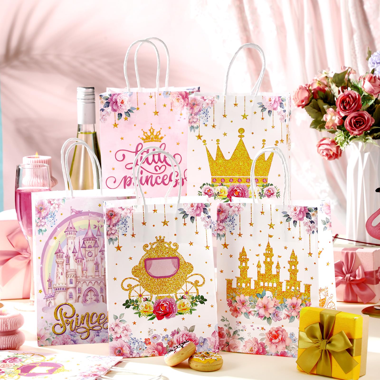 Kosiz 24 Pcs Princess Party Favors Bags Paper Little Princess Gift Goodie Bags with Handles Pink Floral Castle Crown Carriage Candy Treat Pouch for Girls Birthday Baby Shower Party Decoration Supplies