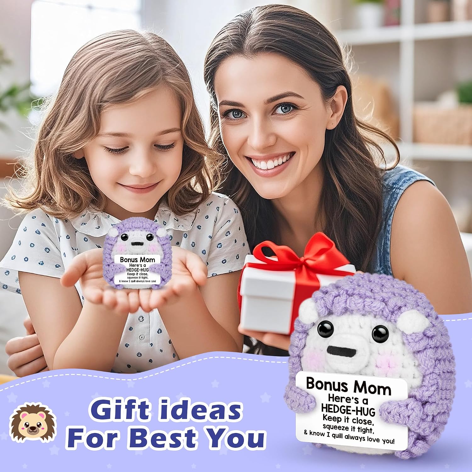 Mini Funny Mothers Day Bonus Mom Gifts from Daughter Son, Birthday for Step Mom Stepmom BonusMom Presents, I Love You Stuff Things, Handmade Crochet Hedgehog Stocking Stuffers Decor