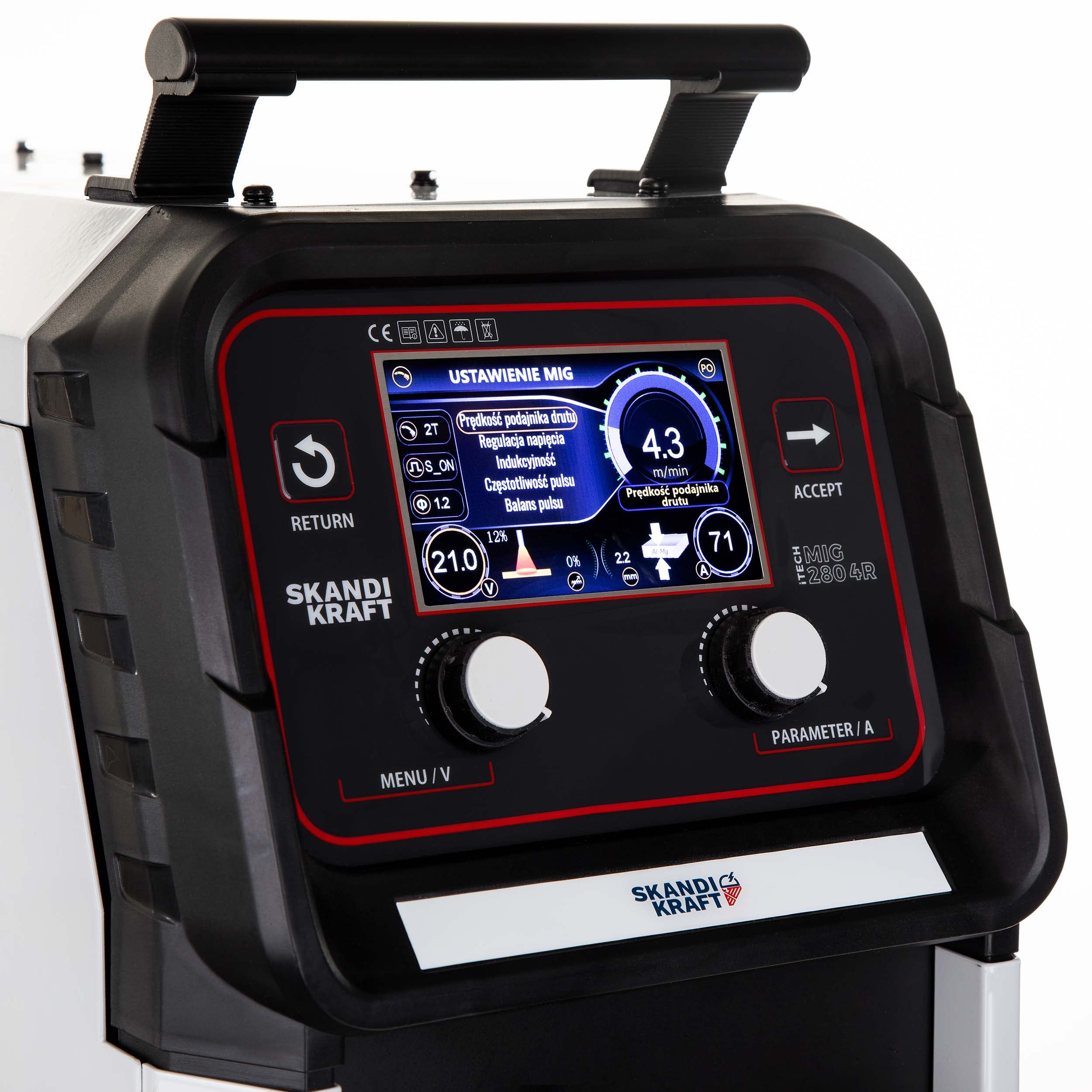 SKANDI KRAFT iTech MIG 280 4R - Saldatrice MIG MAG e saldatrice a gas di protezione da 400 V, bottiglia da 8 l e accessori su carrello di saldatura, 4 rulli, saldatura in alluminio (280 A)