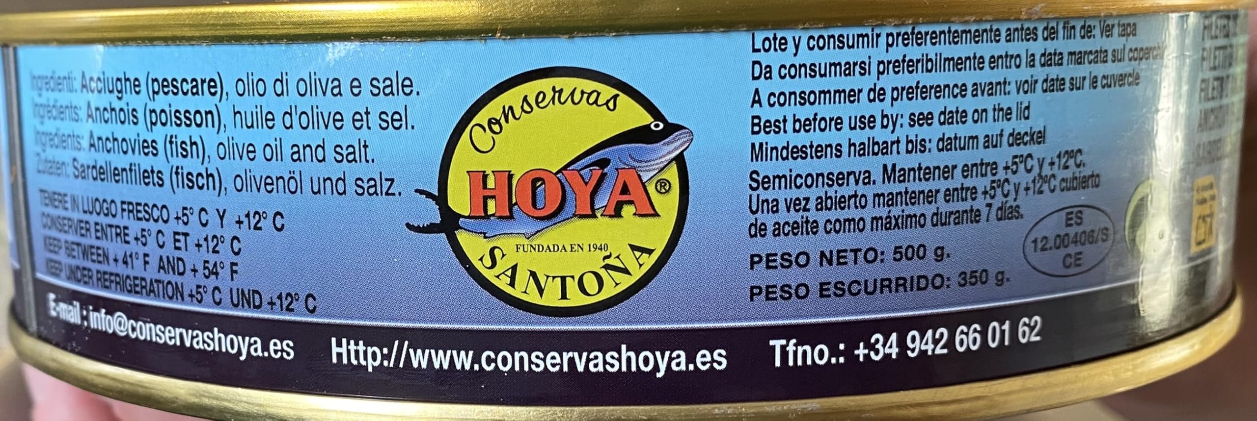 Hoya Santoña Acciughe del Cantabrico - Grandi Filetti di Alici sott'olio di Oliva selezionate di grandi dimensioni XL 00. (500g)