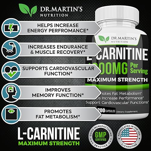 Miniatura 2 de DR. MARTIN'S NUTRITION L-Carnitina extra fuerte, 200 cápsulas, 1000 mg por porción, aumenta tu metabolismo y aumenta el rendimiento