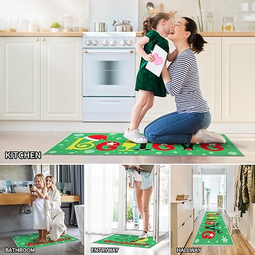 Miniatura 8 de WOBUBU Juego de 2 tapetes de cocina de Navidad, antideslizantes, lavables, para suelo, 2 piezas, absorbentes, para cocina, invierno, decoración de