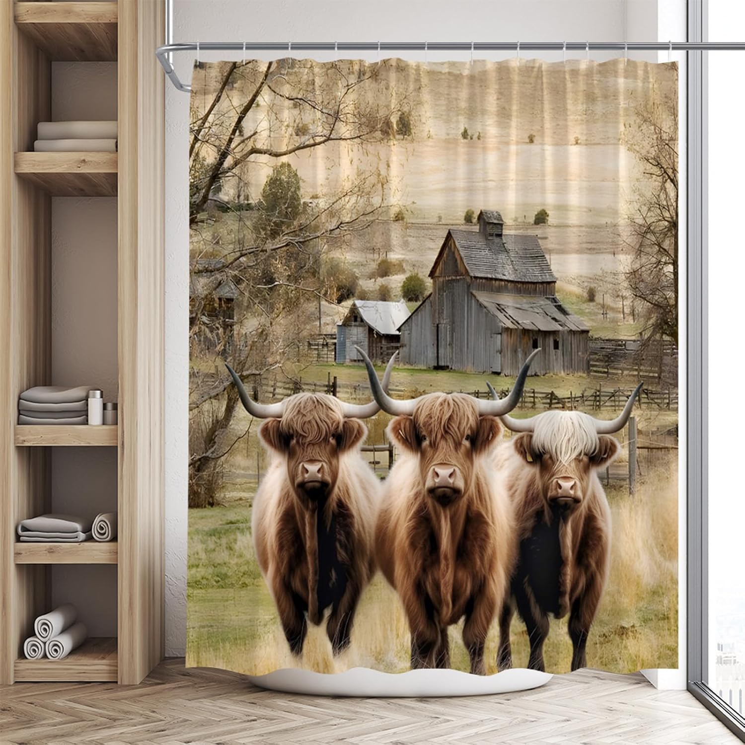 Rustic Farmhouse Highland Cows Shower Curtain Farm Animal Funny Cute Longhorn Bull Cattle Western Country Wildlife Bathroom Decor Accessories Set Polyester Fabric with Hooks 84Wx70H Inch