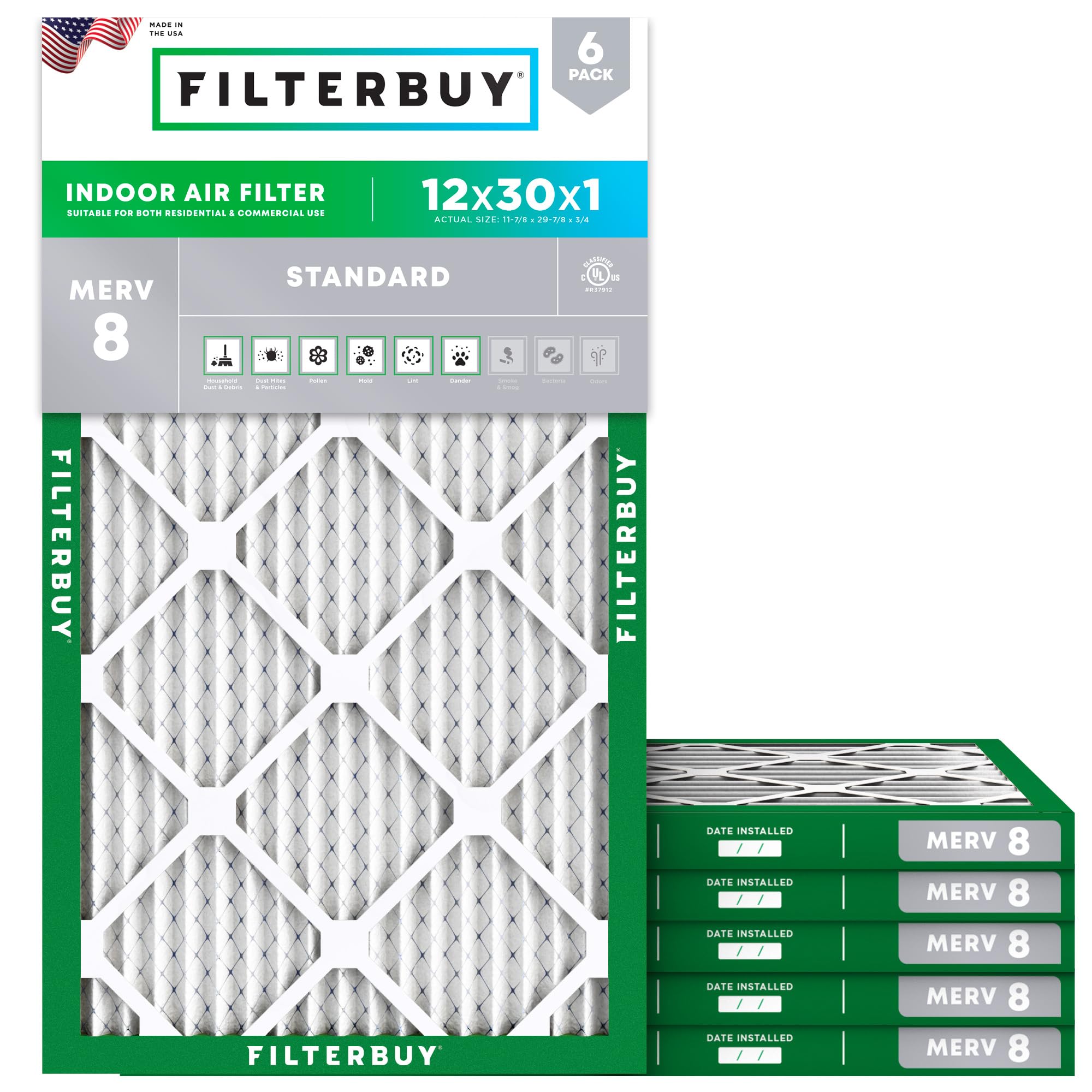 Filterbuy 12x30x1 Air Filter MERV 8 Essential Dust & Allergy Defense (6-Pack), Electrostatic Pleated HVAC AC Furnace Filters Replacement, Made in USA (Actual Size: 11.88 x 29.88 x 0.75)