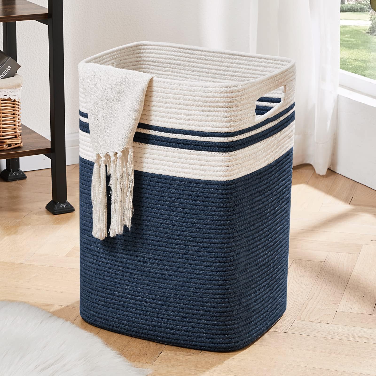 OIAHOMY Laundry Hamper-Laundry Basket Tall Cotton Storage Basket with Handles Decorative Blanket Baskets for Living room Collapsible Large