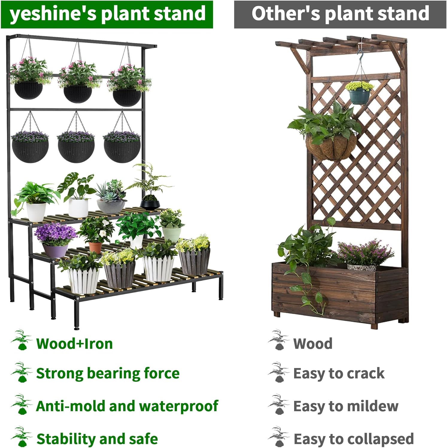 Large Plant Stand Indoor Outdoor, 3 Tier Heavy Duty Hanging Plant Stand with Bar, 60 Inch Tall Metal & Wood Ladder Shape Plant Shelf, Black Plant Display Rack Plant Shelves for Garden Patio Balcony