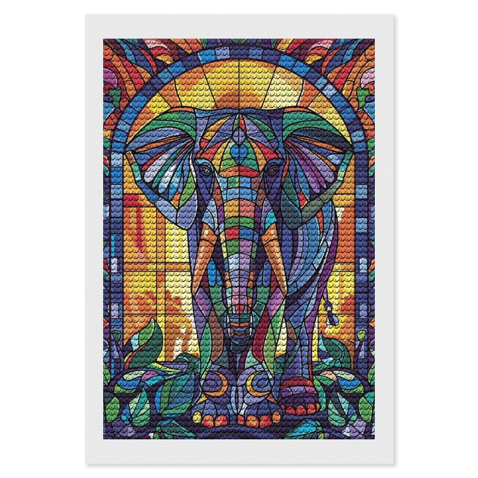 Junmoney Stained Glass Elephant Art Diamond Painting Kit 8"x12", Thoughtful Handmade Gift, for Creative Relaxation, Printed Canvas, Cosy Home Accent