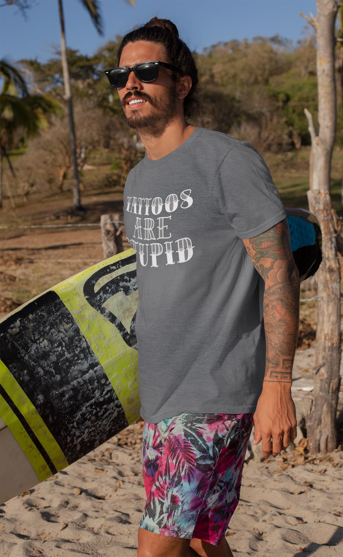 shop4ever® Tattoos are Stupid Sarcástico Humor Camiseta, Jaspeado Oscuro, XL