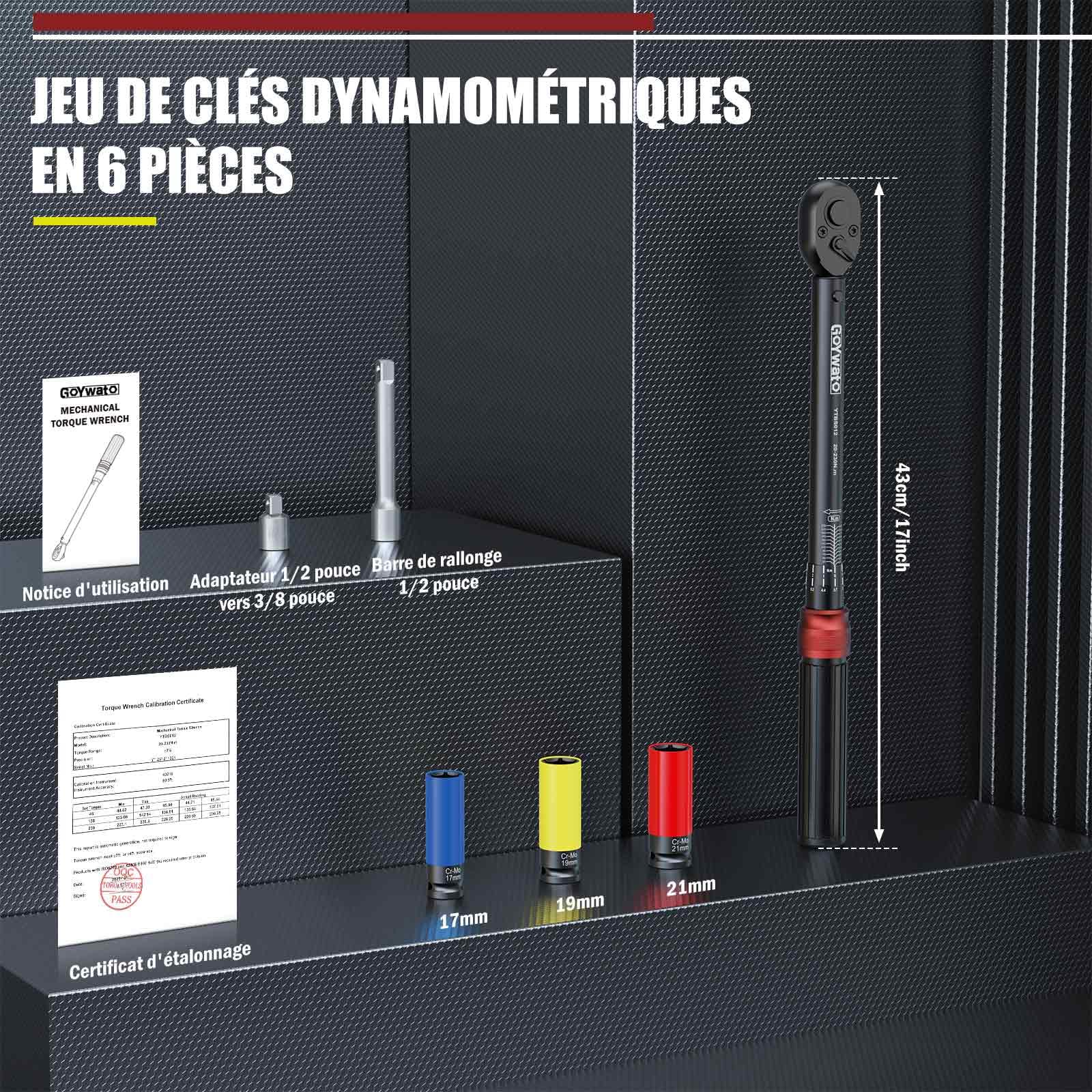Clé Dynamométrique 1/2" 20-230 Nm - Cle Dynamometrique Voiture, Cliquet à 72 Dents, avec Barre D'extension 125mm & Adaptateur 1/2"-3/8" & Douilles 17mm/19mm/21mm, pour Voiture, Moto, Changer Les Pneus