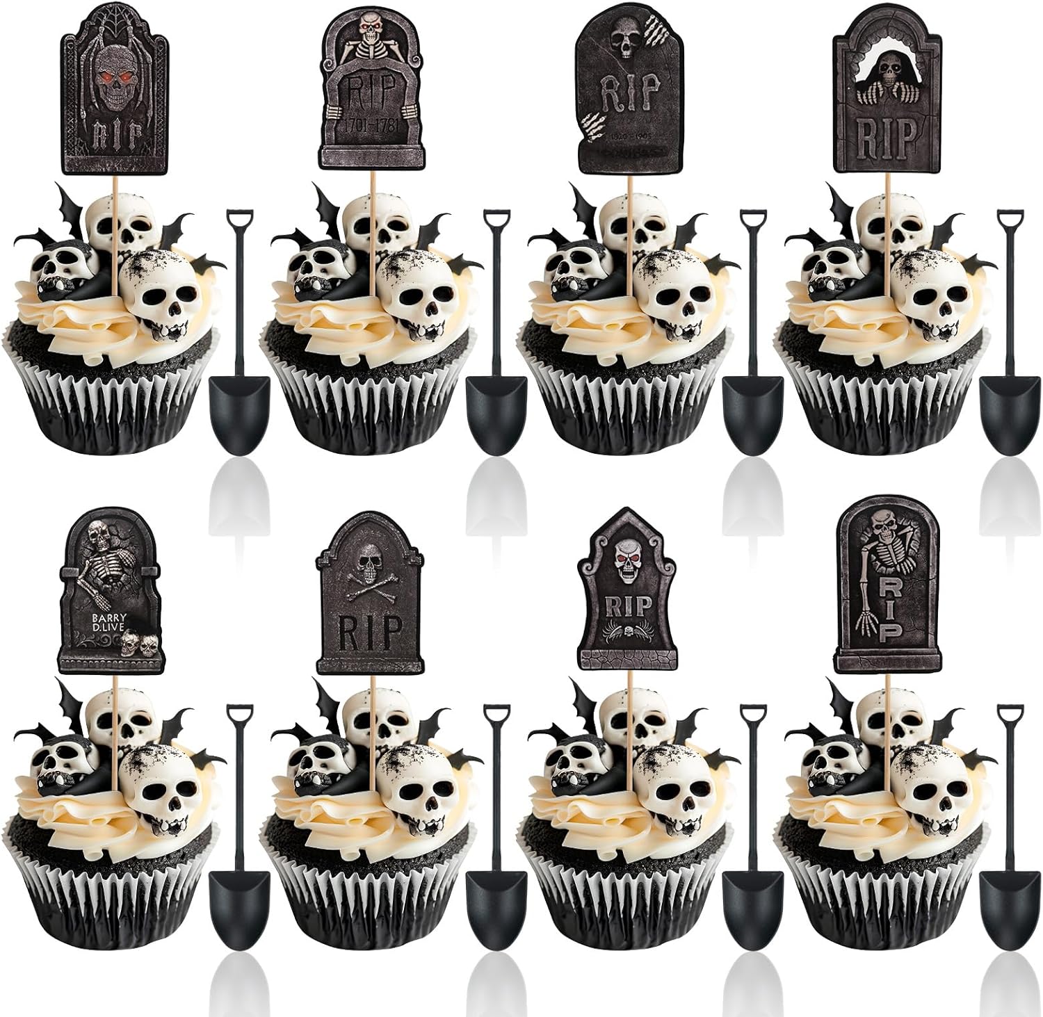 48 Pcs Halloween Cupcake Toppers - Tombstones Graveyard Cake Topper, Halloween Cake Decorations with Mini Shovel Spoons, 8 Designs Helloween Cupcake Picks for Kids Birthday Helloween Party Decorations