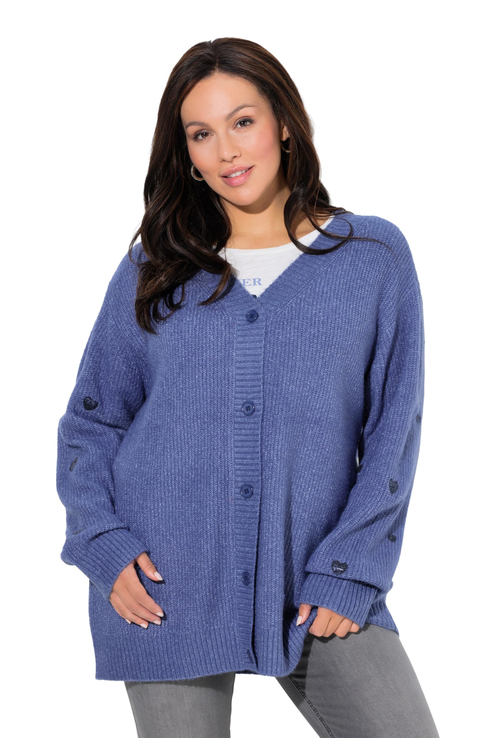 Ulla Popken Damen große Größen Übergrößen Plus Size Strickjacke, Paillettenherzen, V-Ausschnitt, Langarm 845311