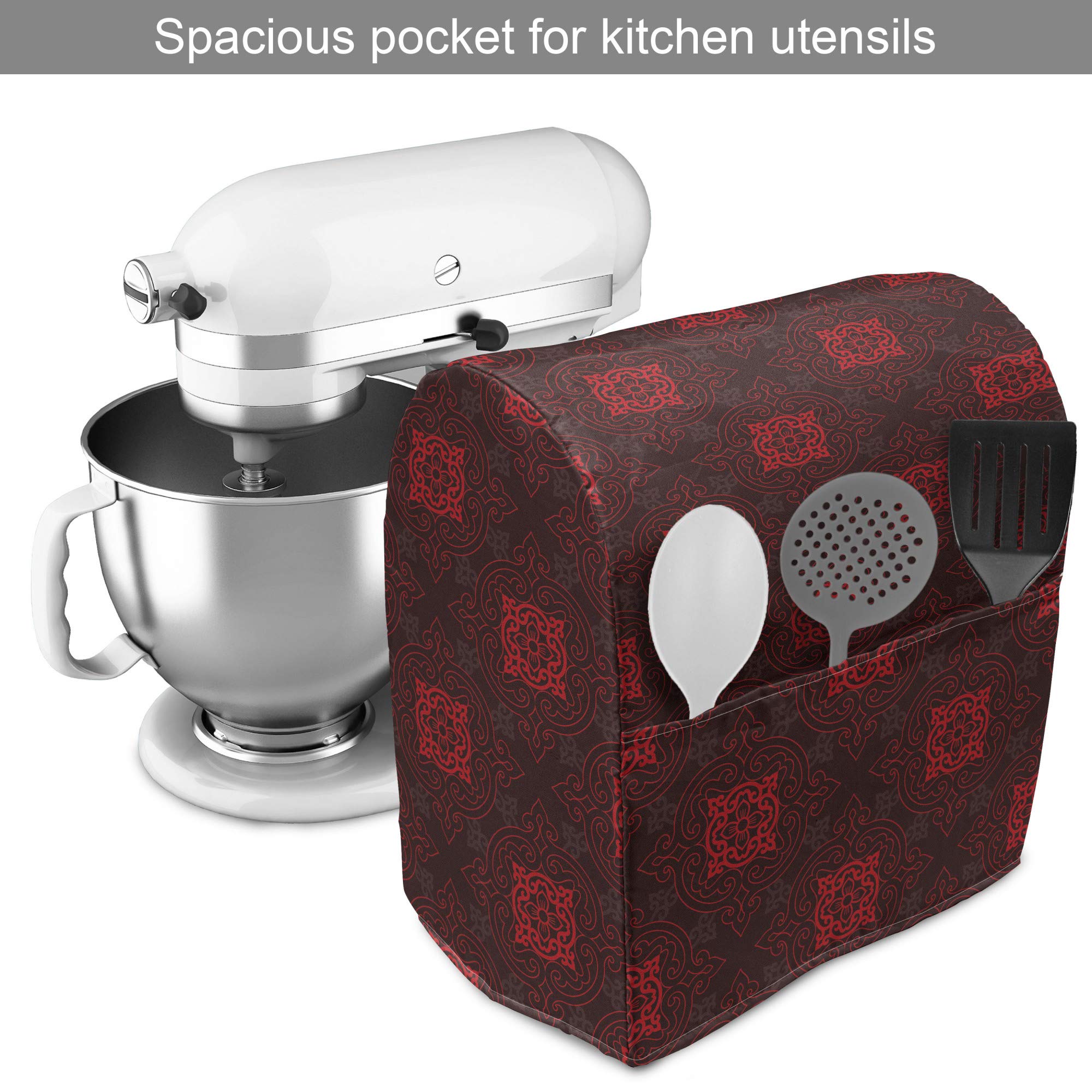 Lunarable Stand Mixer Cover - Japanese Floral Print, Water-Resistant Polyester With Pocket, Fits 5-8 Quart Mixers (Burgundy)