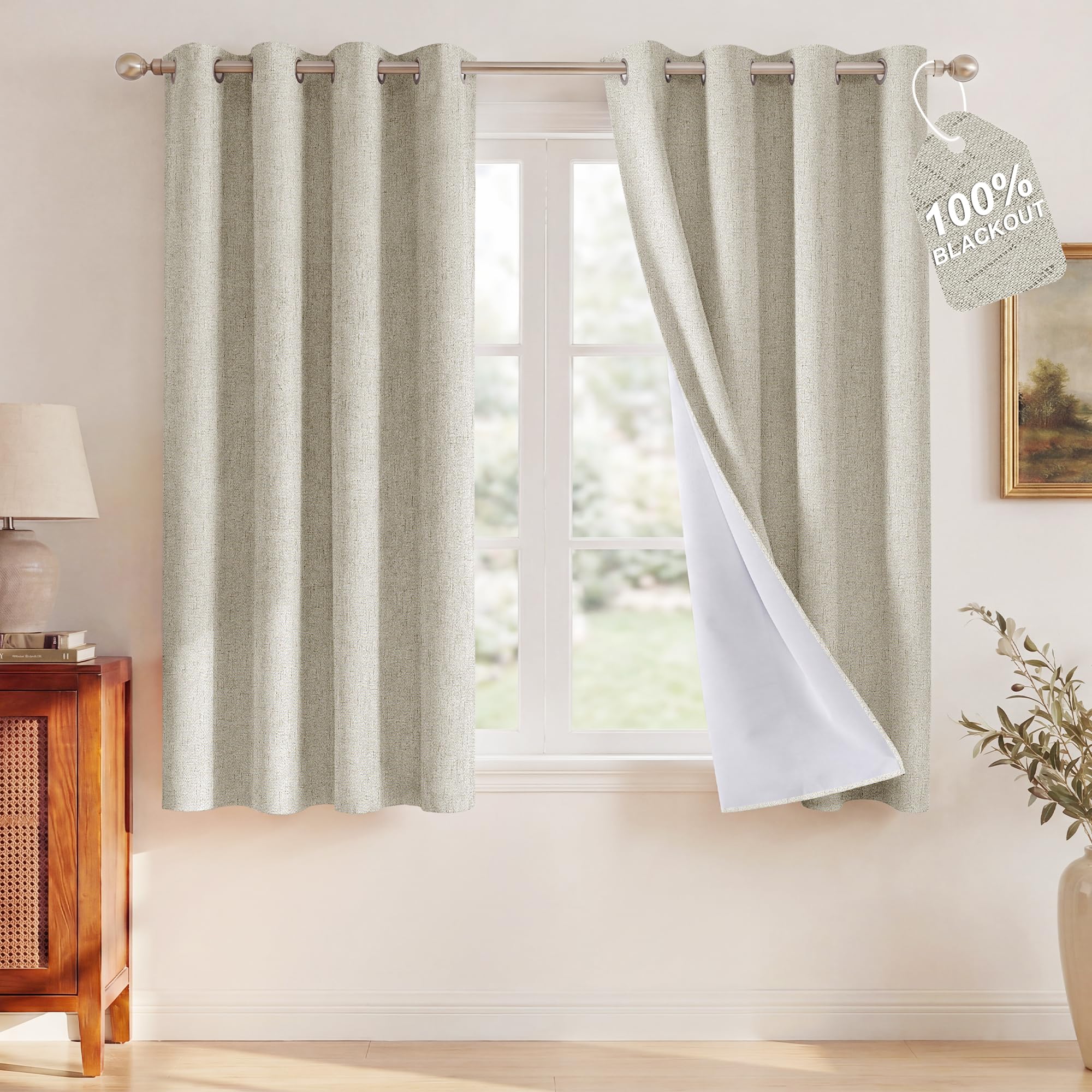 NICETOWN 100% Blackout Linen Ivory Curtains 63 inches Long, White Liner Composite Grommet Bedroom Window Treatments Relax Home Decor Thermal Drapes for Farmhouse, 2 Panels, W52 x L63