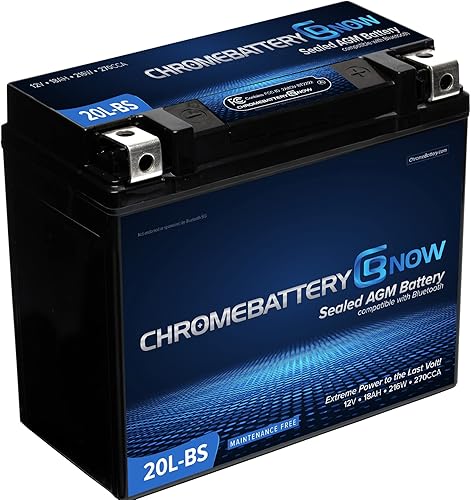 Chrome Battery Now YTX20L-BS Bluetooth Batería de repuesto sin mantenimiento para ATV, motocicleta, scooter, y UTV 12 voltios, 18 Ah, terminal de