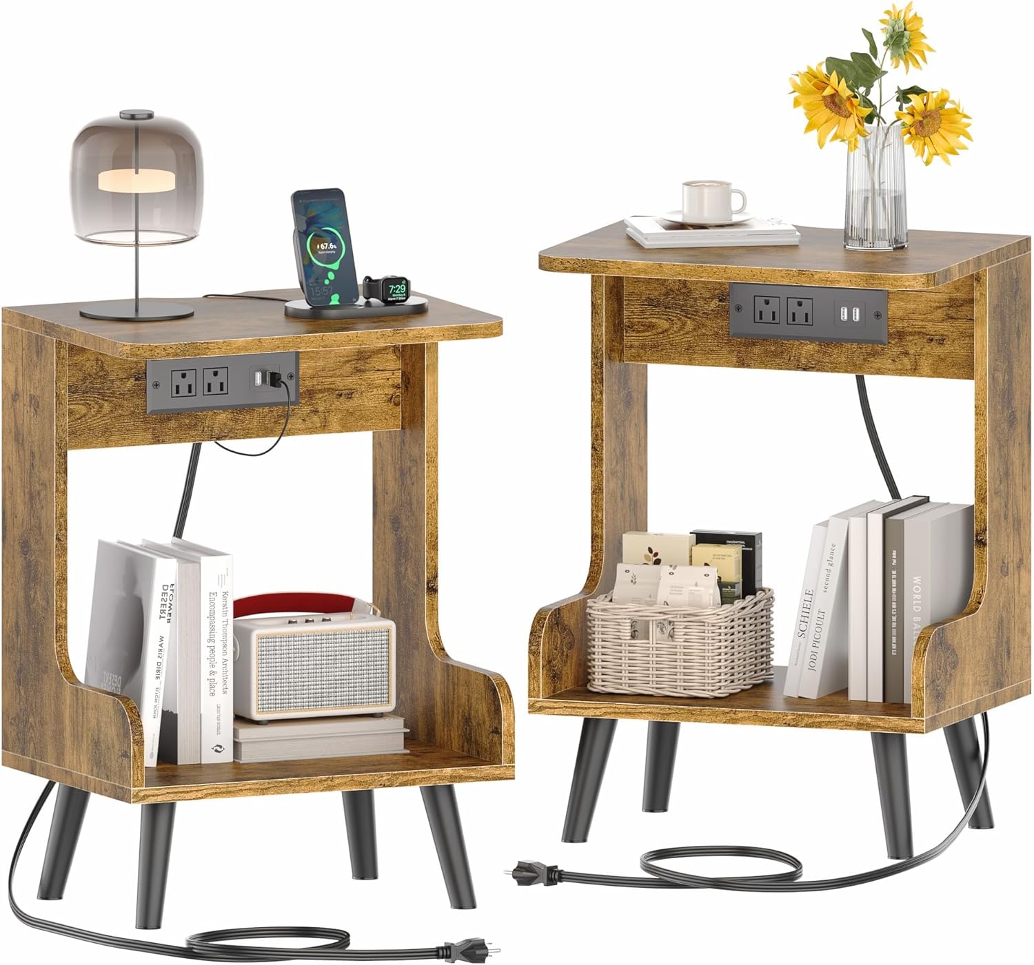 Rustic Brown Wood Nightstands with Charging Station, Set of 2