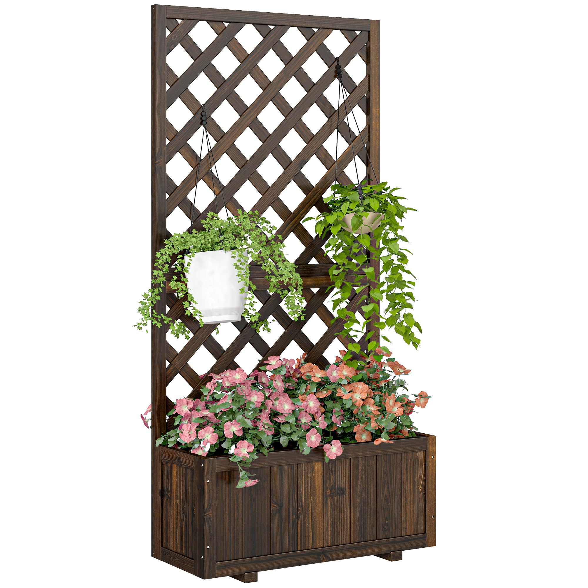 Outsunny Hochbeet Pflanzenkasten mit Rankgitter, Spalier Pflanzkübel, Blumenkasten Holz, 72,5x31,5x149,5cm für Garten Balkon Terasse, Blumenkübel für Kletterpflanzen, Blumen, Braun