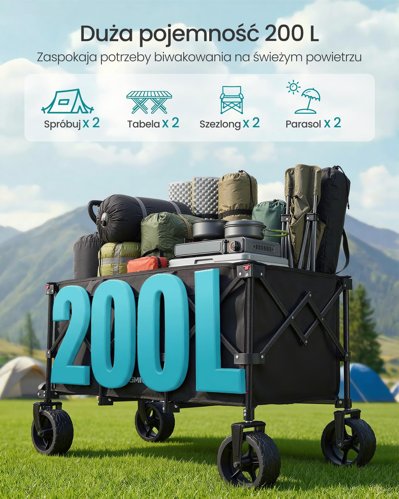SONGMICS Wózek festiwalowy 200 l na kółkach, składany wózek kempingowy
