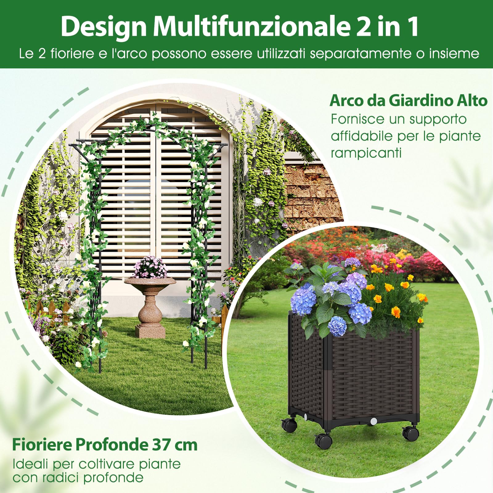 RELAX4LIFE Arco da Giardino con Fioriere, Arco per Piante Rampicanti, Fioriere Laterali con Ruote, Supporto per Piante in Metallo Rivestita PE Antiruggine, Decorazioni per Patio e Giardino (Nero)