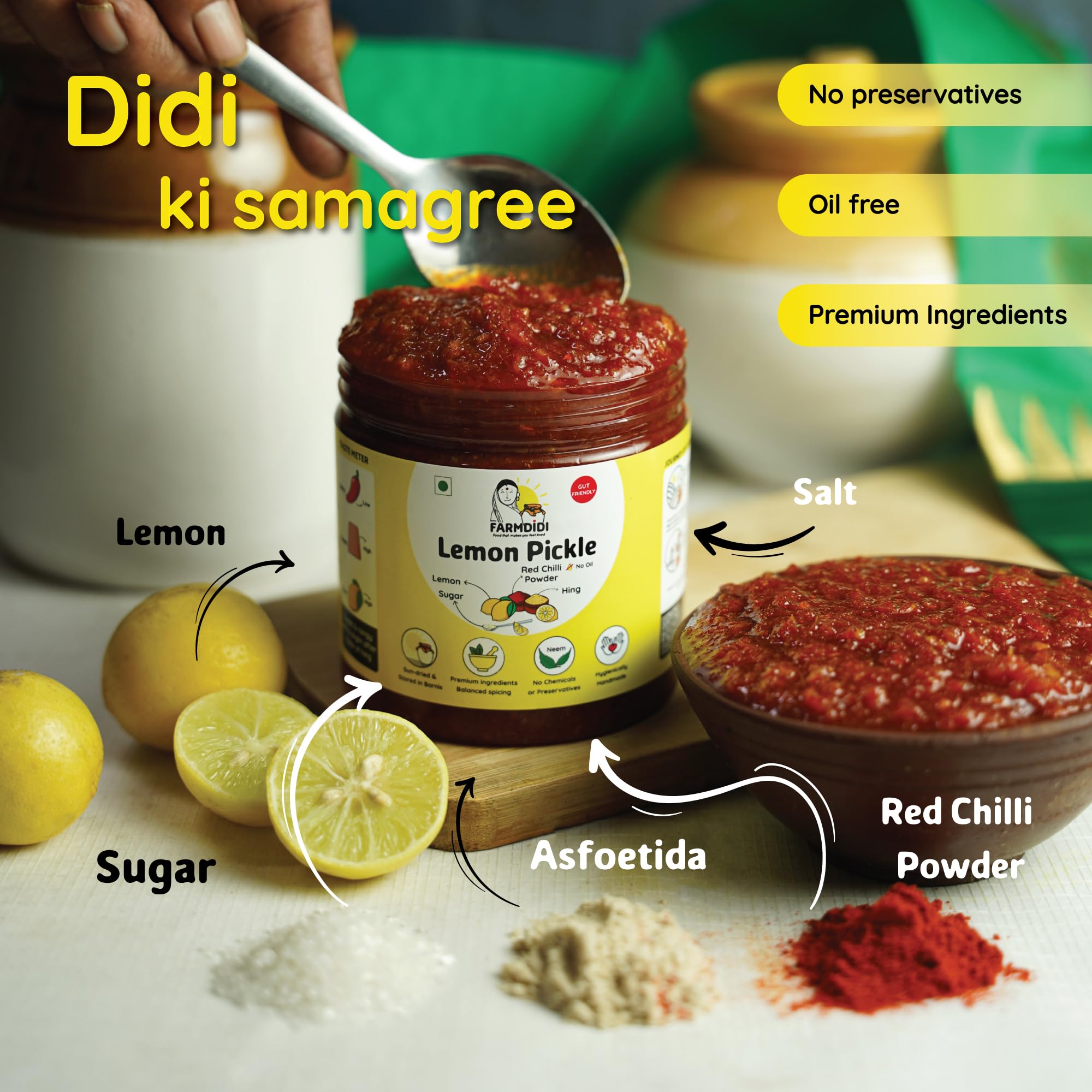FarmDidi Khatta Meetha Crushed Lemon Pickle 325g in Fresh | Homemade Oil-Free Nimbu ka Achar with No Onion or Garlic | Traditional Lemon Chunda Style Sweet & Sour Pickle | Grandma’s Taste, Indian Homemade Achar - Image 3 thumbnail