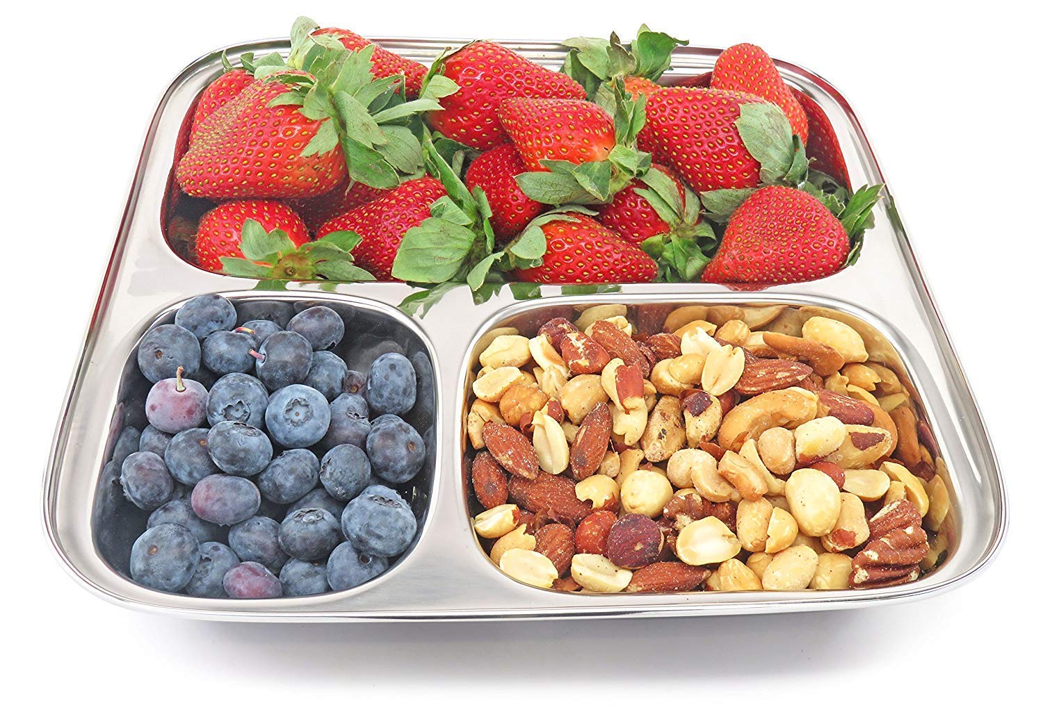 Assiette carrée à 3 compartiments en acier inoxydable, Thali, plateau à assiettes et assiettes à dîner, ensemble de 4 assiettes - 25 cm chacune