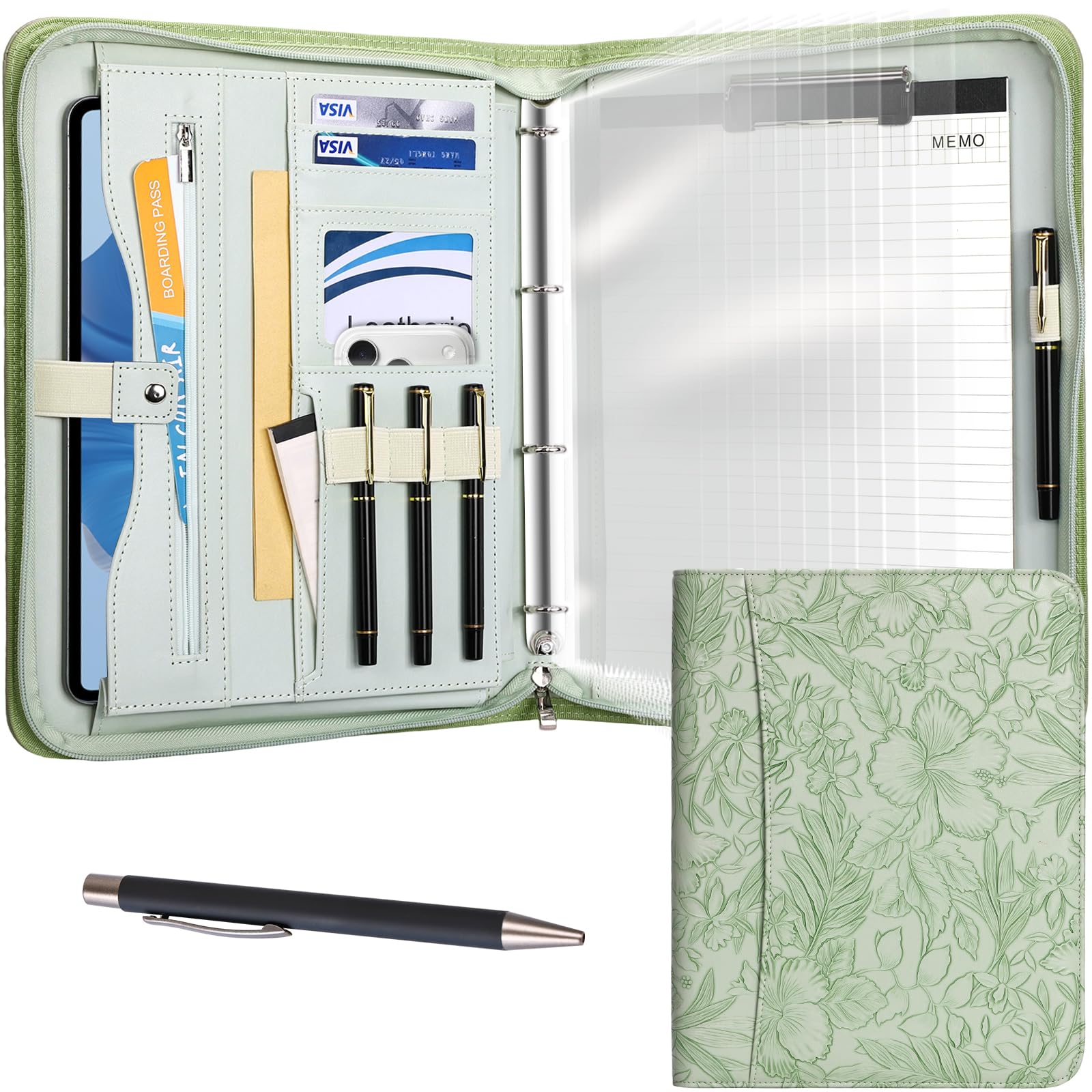 Leathario Portfolio Folder A4, Embossed Vegan Leather Conference Folder with Notepad, Includes 10 Clear Sheet Protectors and a Pen, A4 Leather File Folder, Travel Document Holder, Office Suppilies