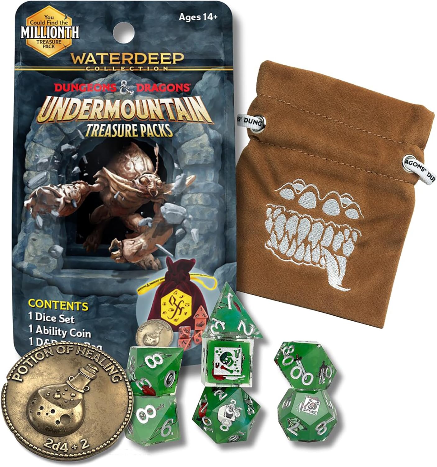Dungeons & Dragons: Undermountain Treasure Pack - Dice Set, Metal Coin, Embroidered Bag, Randomly Assorted RPG Accessories, D&D Waterdeep Collection