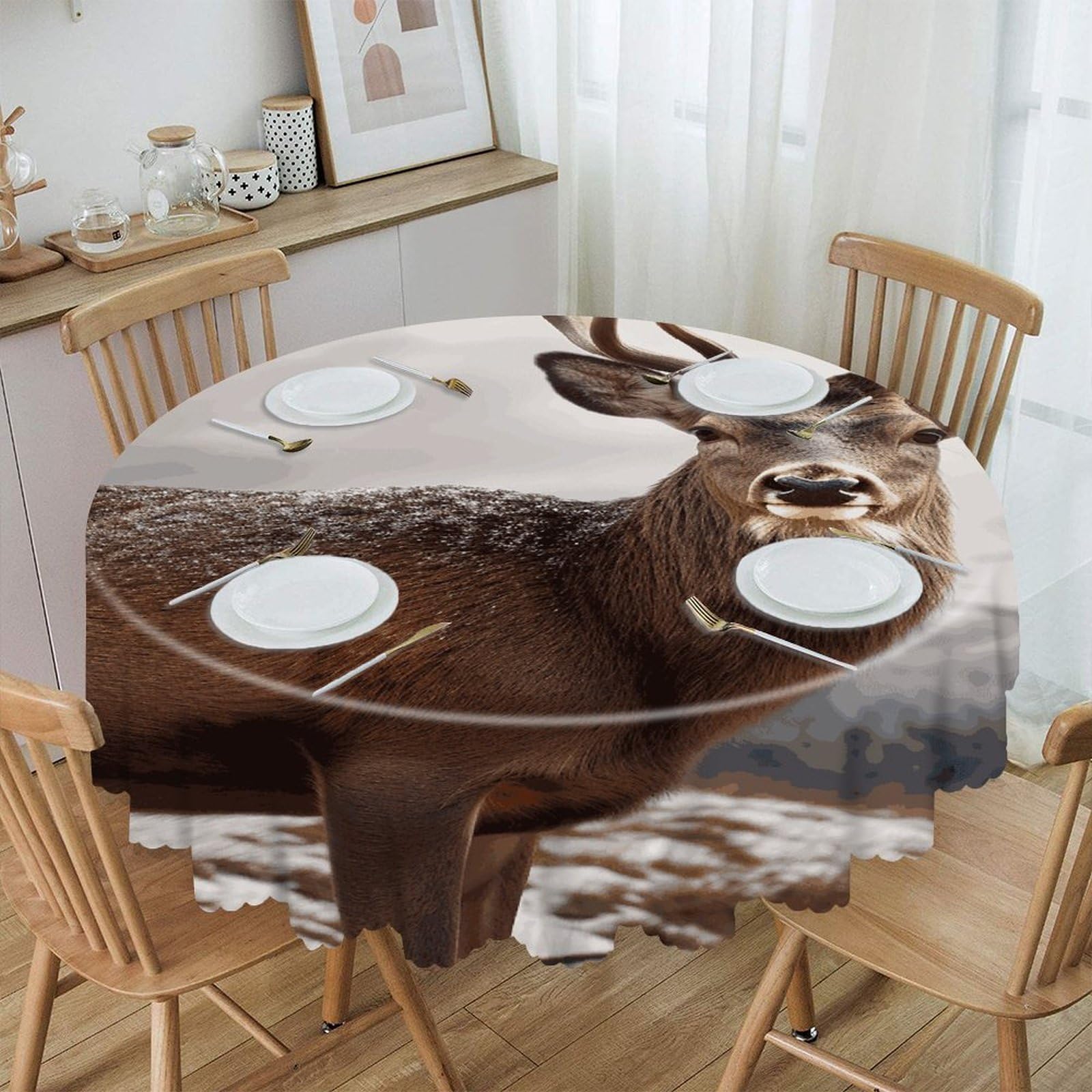 VstaDank Wild Animals Deer Round Tablecloth 60 Inch Easy to Clean Circle Table Cover Thick Decorative Round Polyester Table Cloth for Dining Kitchen Party Farmhouse Outdoor