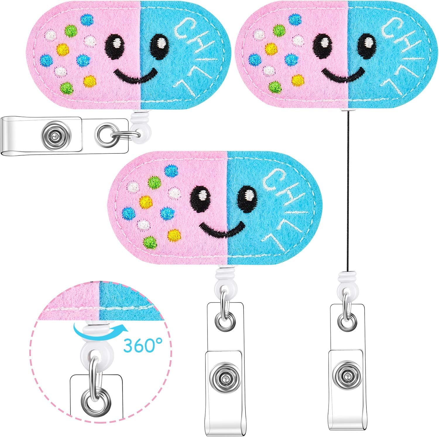 3 Pieces Pill Nurse Badge Reel Retractable ID Name Badge Holder with 360 Degree Swivel Clip, Felt Badge Reel Nursing Name Badge Reel Holder for Nurse Students Doctors (Pink and Blue)