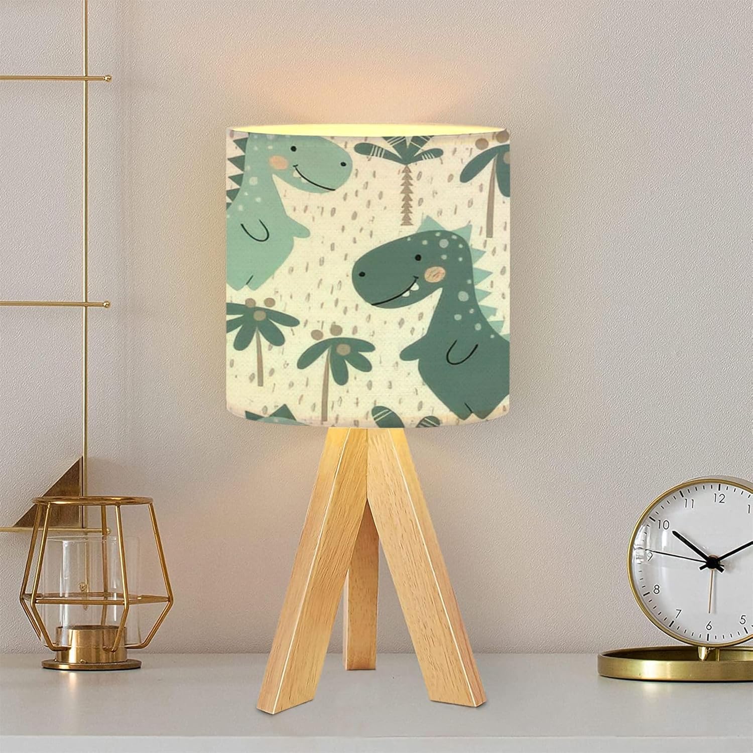 Tripod Table Lamp Dinosaur baby boy seamless pattern Sweet dino palm Scandinavian cute Modern Bedside Dimmable Desk lamp Wooden Base Fabric Lampshade for Kids Room, Nursery, Bedroom, Living Room