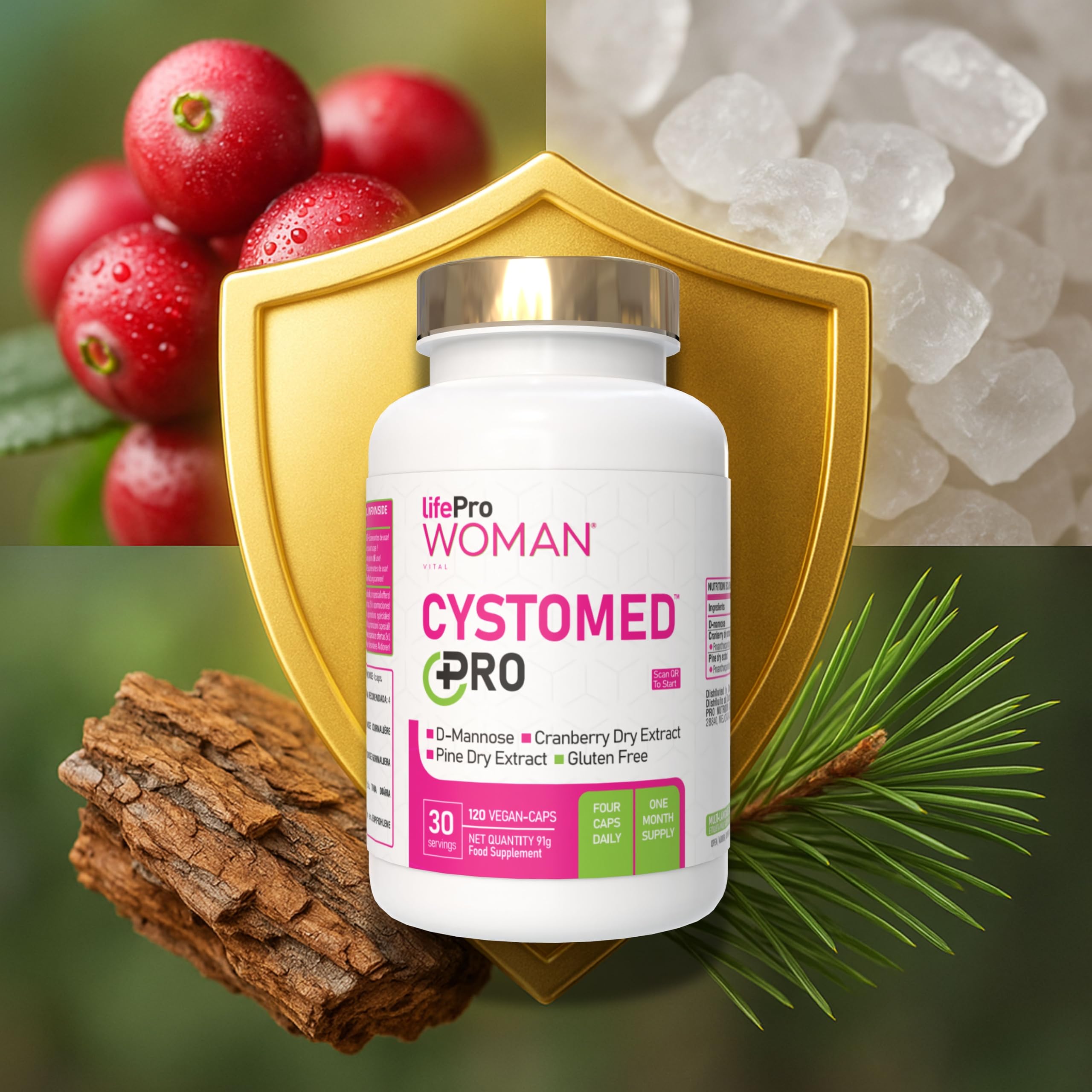 Cranberry gélules 5x Puissance + D-Mannose 2000mg – Cystomed Triple Action 120 Gélules avec 192,5mg PACs Standardisés + Extrait de Pin – Cranberry Gélules Scientifiquement Validées (EFSA/PubMed)