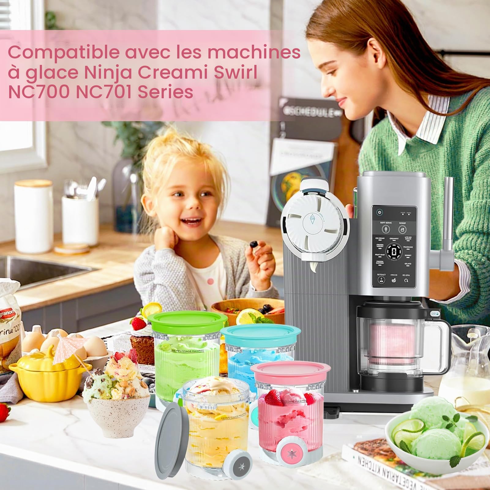 Récipients à pinte de rechange pour machines à crème glacée Ninja Swirl NC700UK - Passe au lave-vaisselle - 473,6 g - Bleu + rose + vert + gris