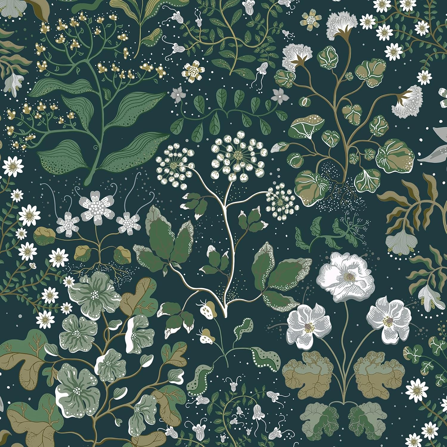 Papier peint autocollant vert au design de feuilles florales au rendu mat et chic pour séjour
