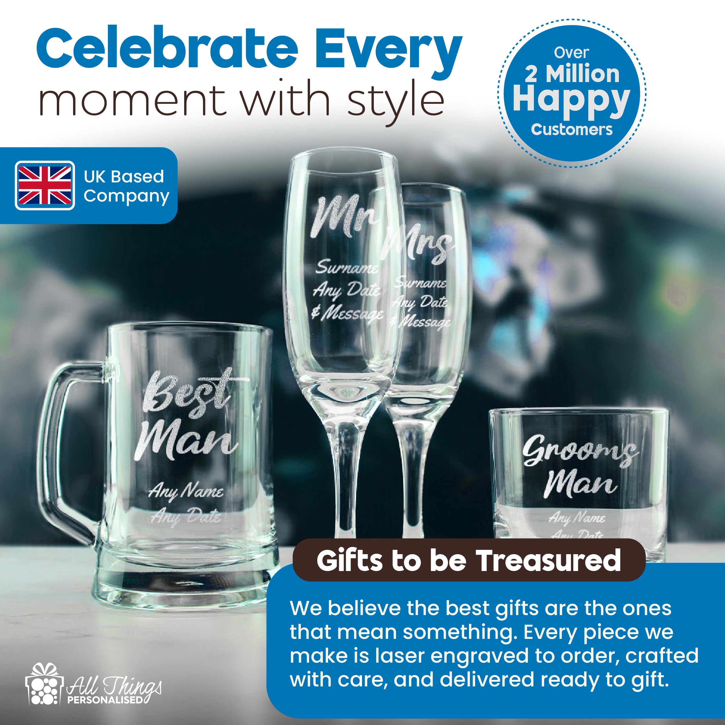 Ensemble de verres à champagne de mariage gravés personnalisés avec n'importe quel message, n'importe quelle date, conception d'alliances, deux verres à champagne personnalisés de 7 oz / 207 ml