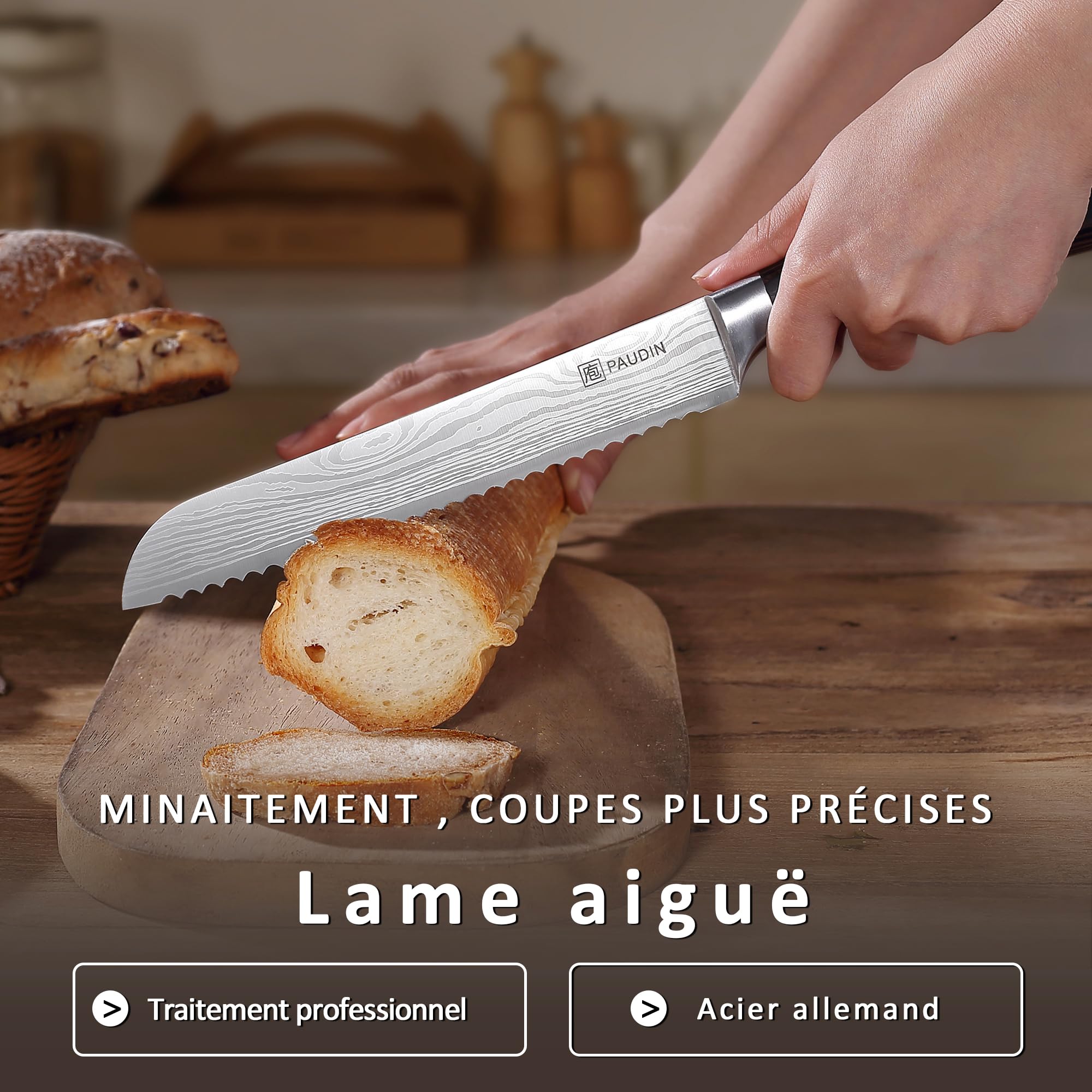 PAUDIN Couteau à Pain 8 Pouces Couteau de Cuisine à Lame Dentelée, Couteau en Acier Inoxydable à Haute Teneur en Carbone Allemand pour Couper Les Pains, Gâteaux