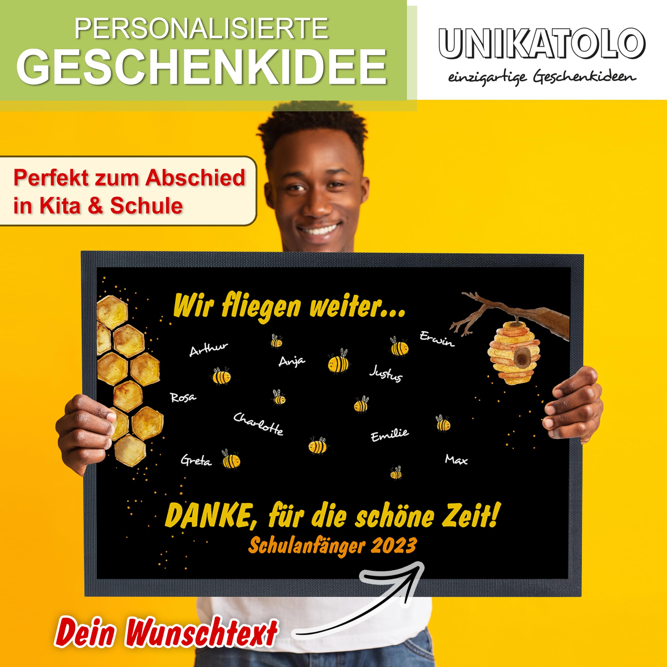 Fußmatte Kita Abschiedsgeschenk Motiv mit Namen und Text personalisiert- Erzieherin, Lehrer, Kindergarten, Schulanfang, Geschenk, Teppich, Fußabtreter, Vorleger (105 x 70 cm) Bienen