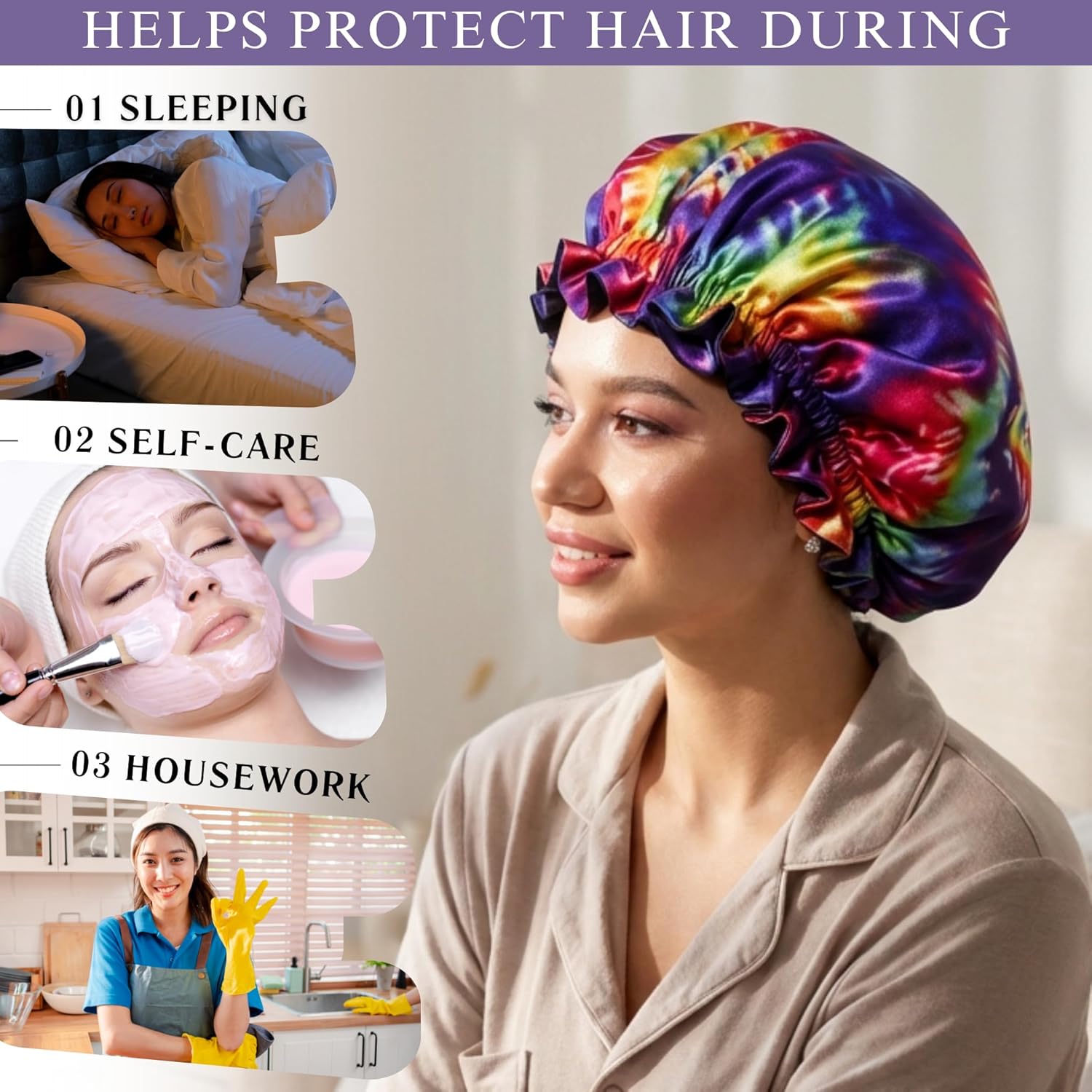 Nochka Fashion 100% Mulberry Silk Bonnet for Sleeping Women - 19 Momme Double Layer, Reversible, Non-Slip for Curly & Natural Hair (Purple Tie-Dye)