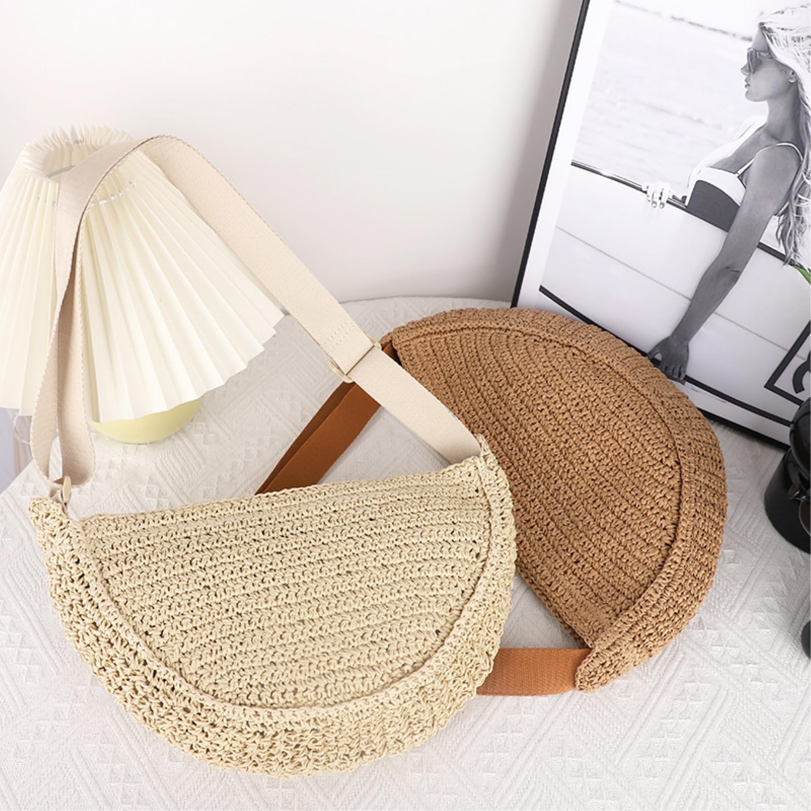 Borsa Spalla Paglia Crossbody Bag Tessuto Sling Cinturina Regolabile Casual Mini A Spalla-Brown