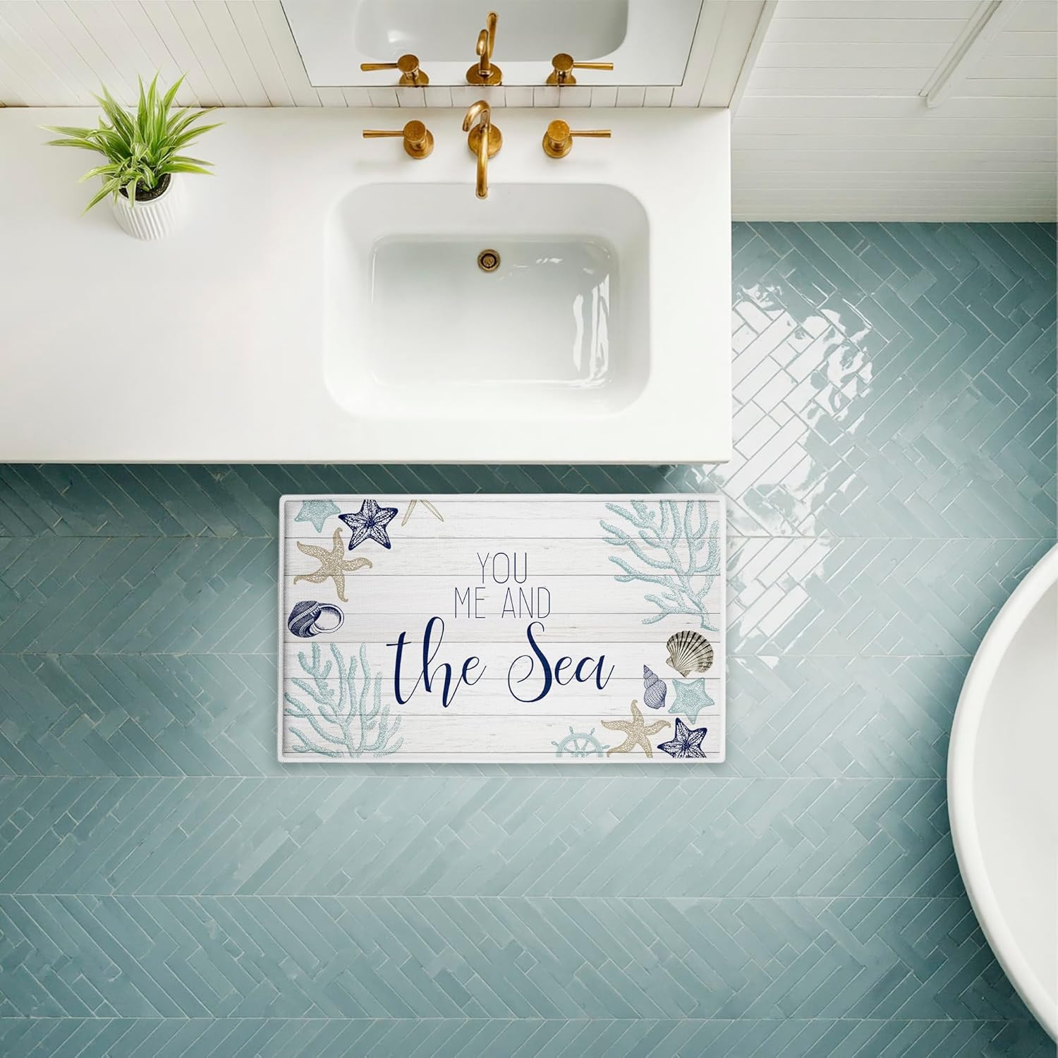 Stupell Industries You Me & The Sea Plush Bathroom Mat & Bath Rug, Soft Quick-Dry Non-Slip Bathroom Rug with Recycled Foam Cushion, Nautical Coastal Sentiment Design by Kim Allen, 18"x30"