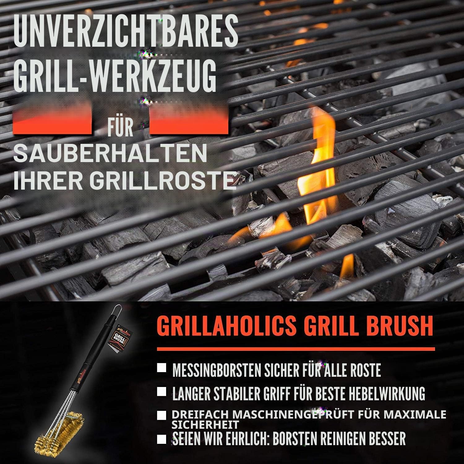 Grillaholics Essentials Grillbürste aus Messing, weichere Messingborsten, Drahtgrillbürste für sichere Reinigung von Porzellan- und Keramikrosten