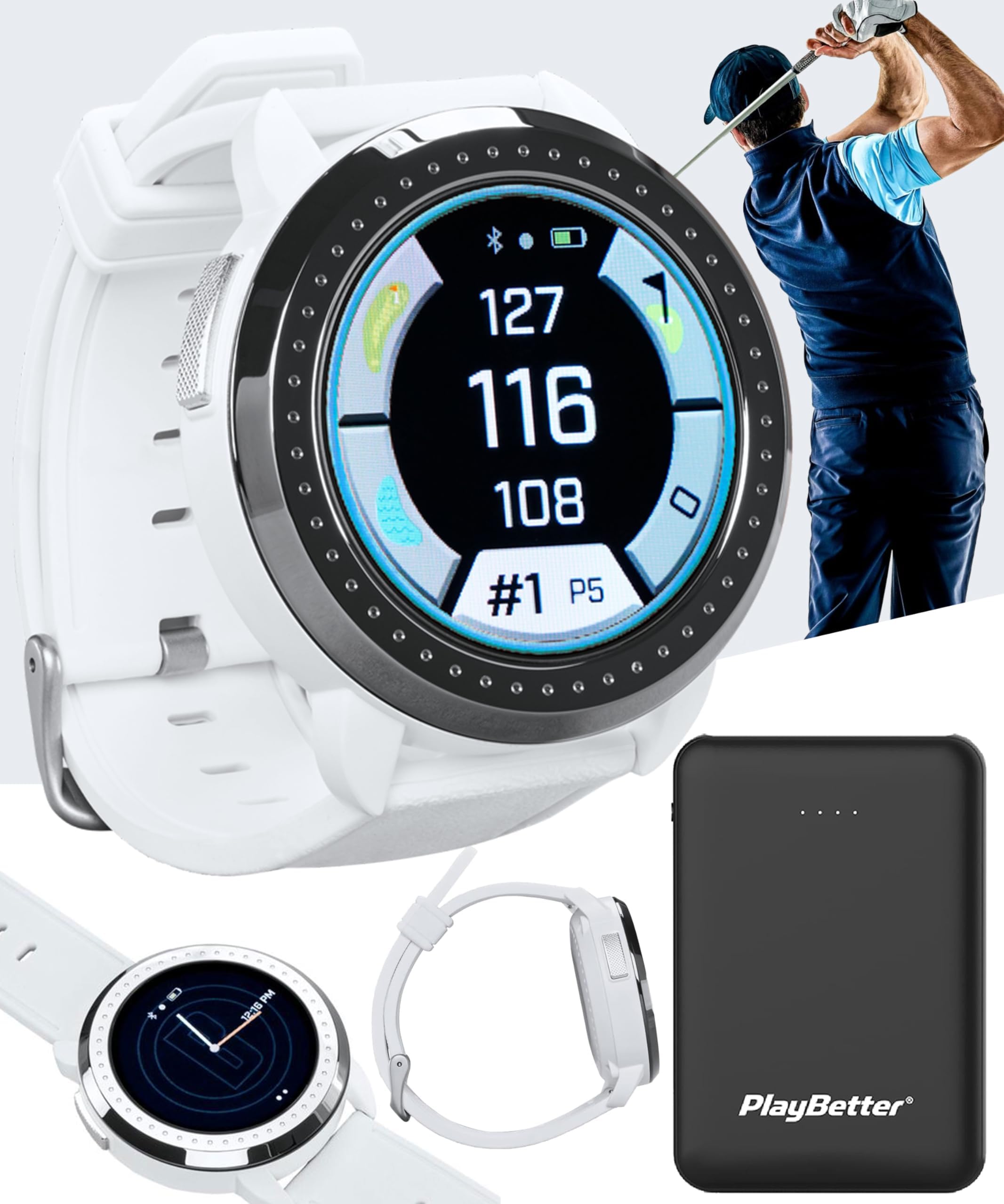 PlayBetter Bushnell iON Elite (White) Golf GPS Watch - Color Touchscreen Smartwatch with 12+ Hours Battery Life, 38K Courses & Slope Distances - Bundle with iON Elite Screen Protectors & Charger