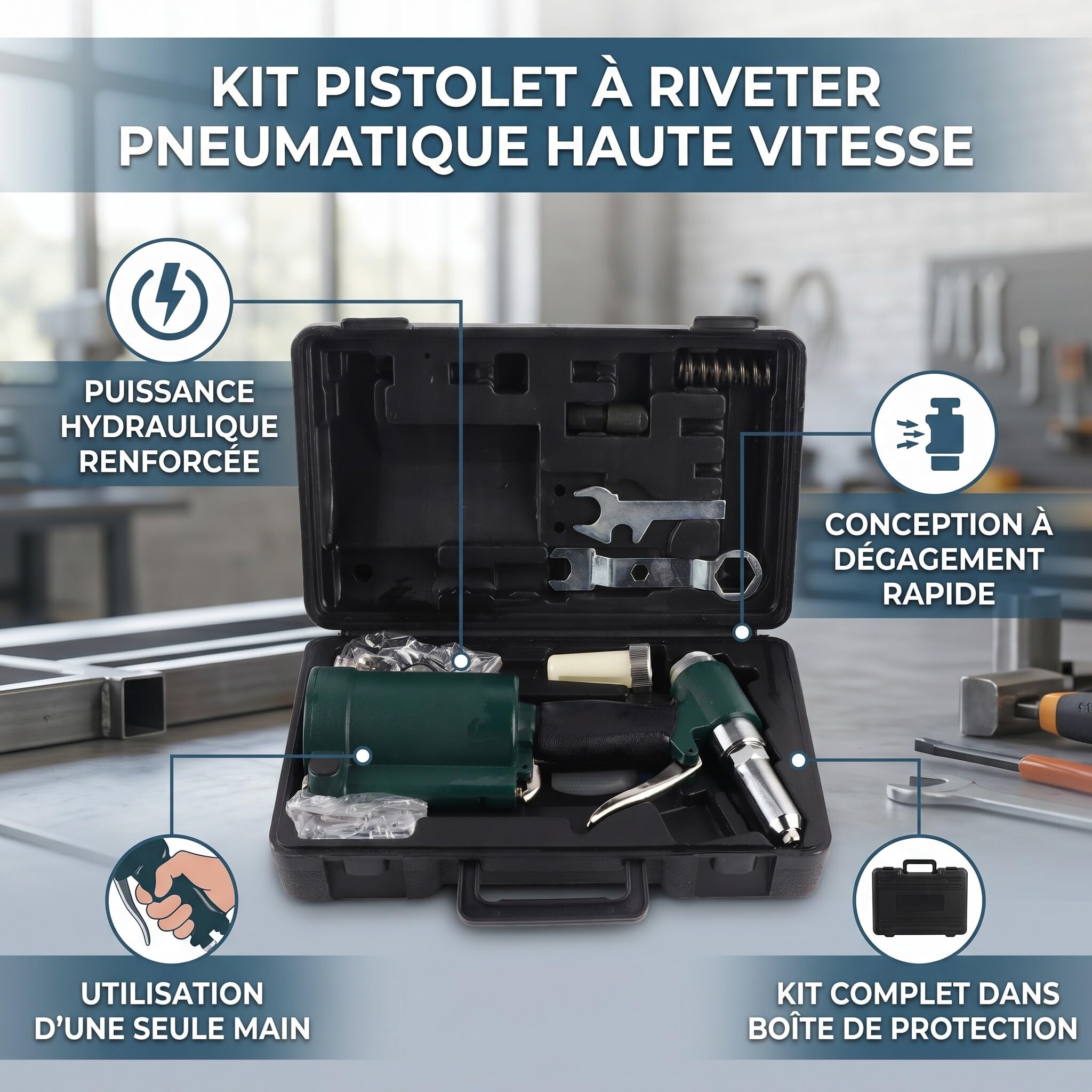 Rivettatrice Pneumatica 2.4-4.8mm Kit Professionale per Rivetti Industriale con Punte Intercambiabili