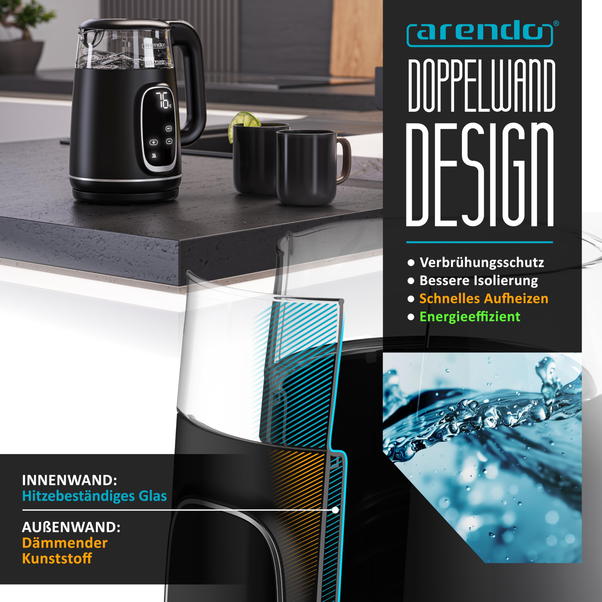 Arendo - Glas Wasserkocher mit Temperatureinstellung - Edelstahl - Doppelwand Design Cool Touch - Display im Gehäuse - Kabellos - 2200 W - 1,7L – Überhitzungsschutz – Warmhaltefunktion – schwarz