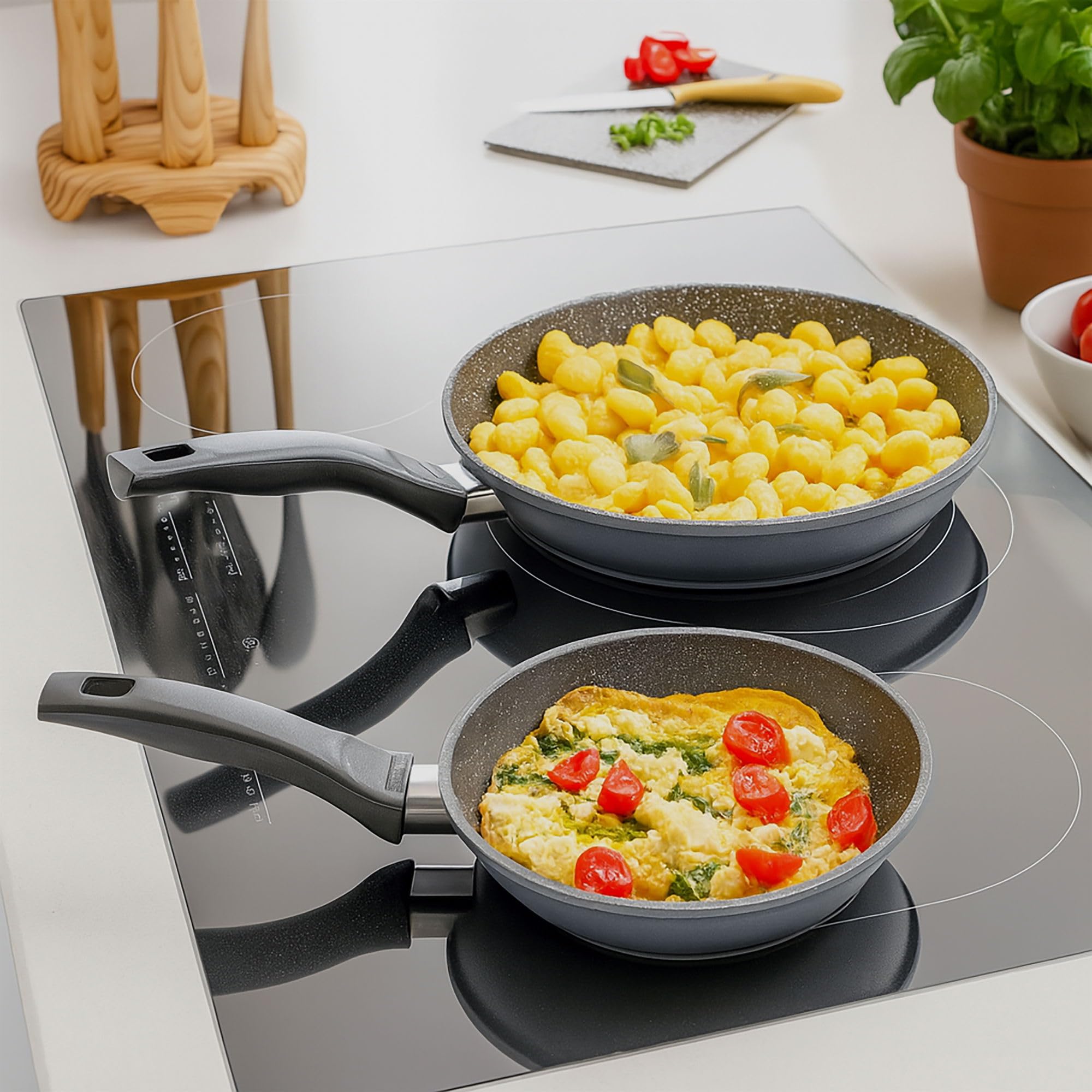 STONELINE Poêles, Set de 2, 24/28 cm, Revêtement Antiadhésif avec de vraies particules de pierre, compatible à l'induction et au four, gris, cuire sans huile et graisse