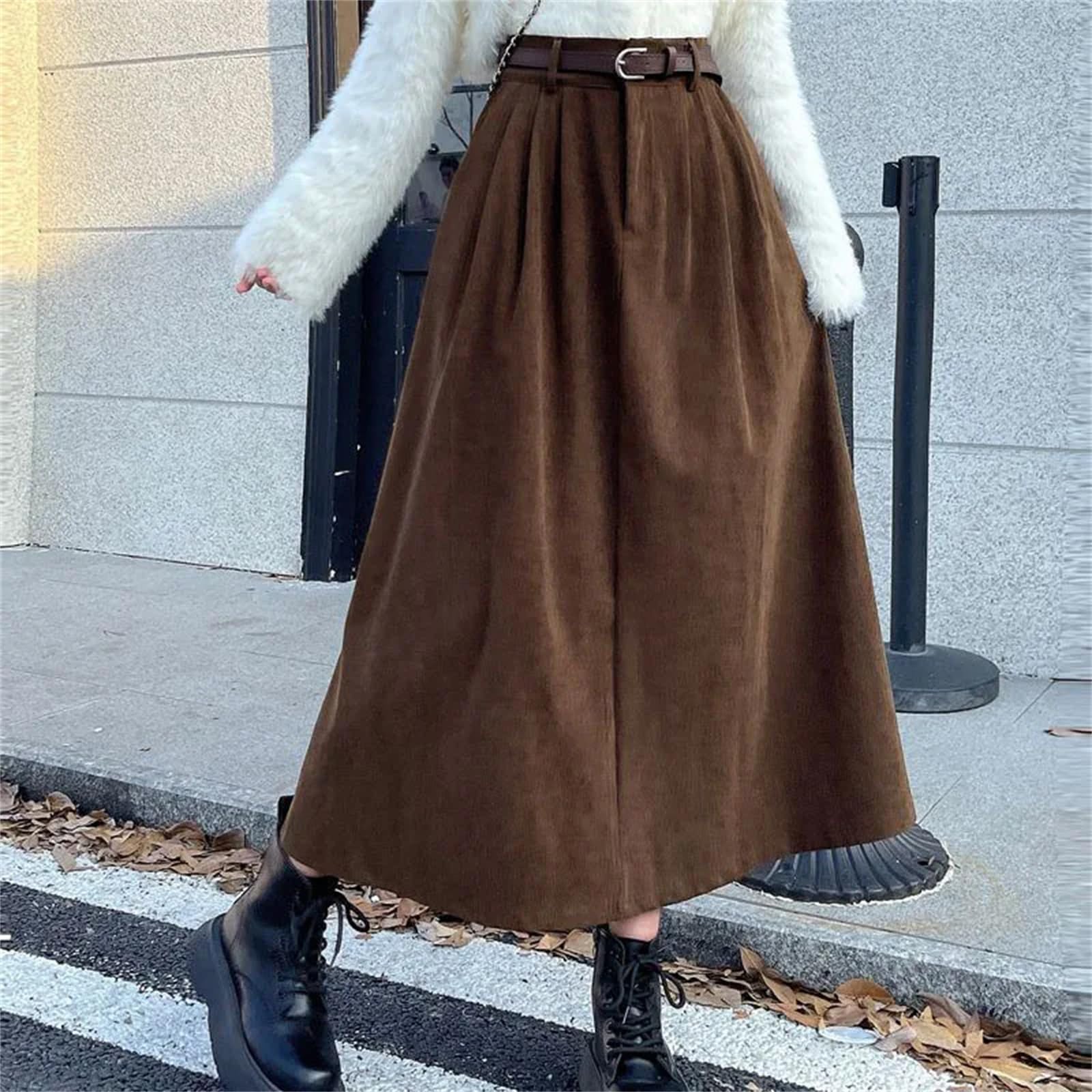Donne Vintage Velluto A Coste Midi Gonne per le Donne A Vita Alta Pieghe A Line Gonne Femminili Inverno Casual Gonne