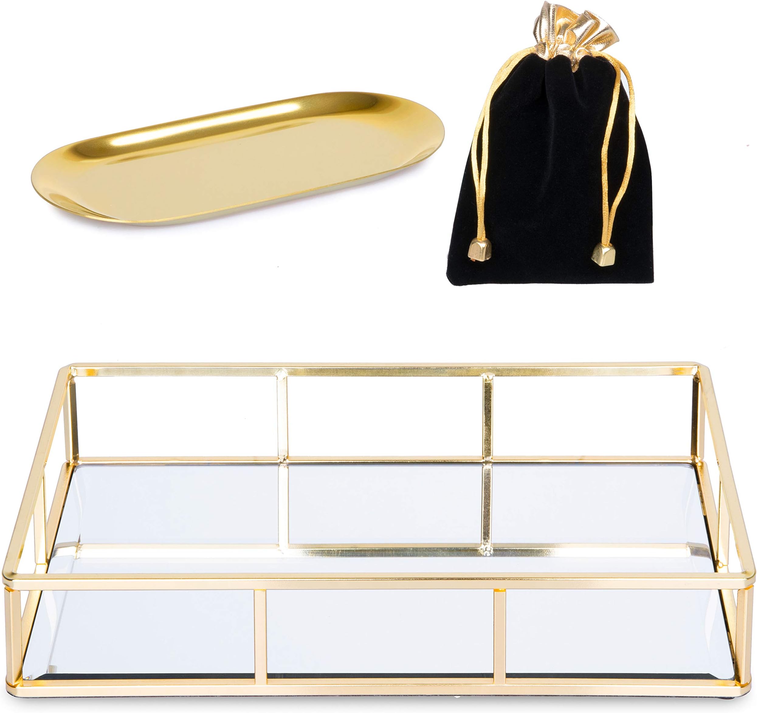 Verzille Large Gold Mirror Tray: Ornate Decorative Tray - Jewelry, Makeup & Perfume Organizer - Bathroom Vanity, Bedroom Dresser, Bar or Coffee Table Glass Display Tray with Small Jewelry Tray & Bag