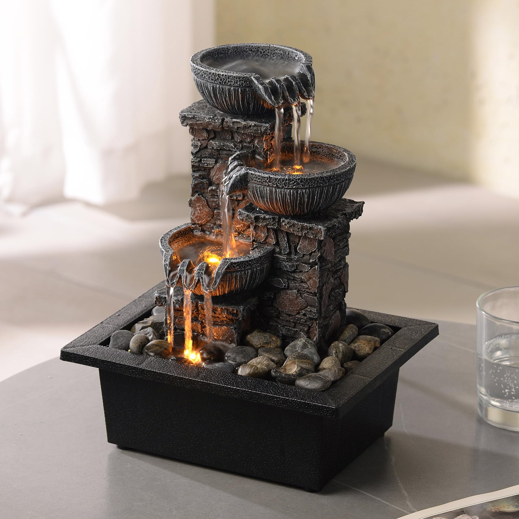 UNITEDESSENTIALINDOOR Tabletop Fountain 3 Bowls with LED Light Soothing Water Flowing Sound Fountain Zen/Meditation Home/Office Decor Home Décor Relaxation Indoor (23113) 4