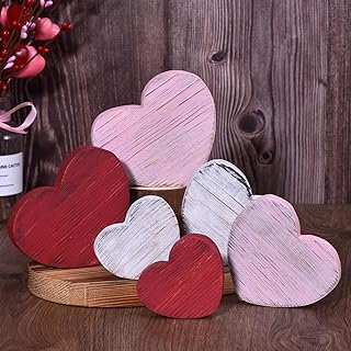 6PCS Valentine's Day Wooden Heart Block Set, Rustic Valentines Day Decorations for Tiered Tray Decor, Candy Heart Valentines Table Decor, Wooden Hearts Decor for Valentine's Day Centerpiece (6PCS)