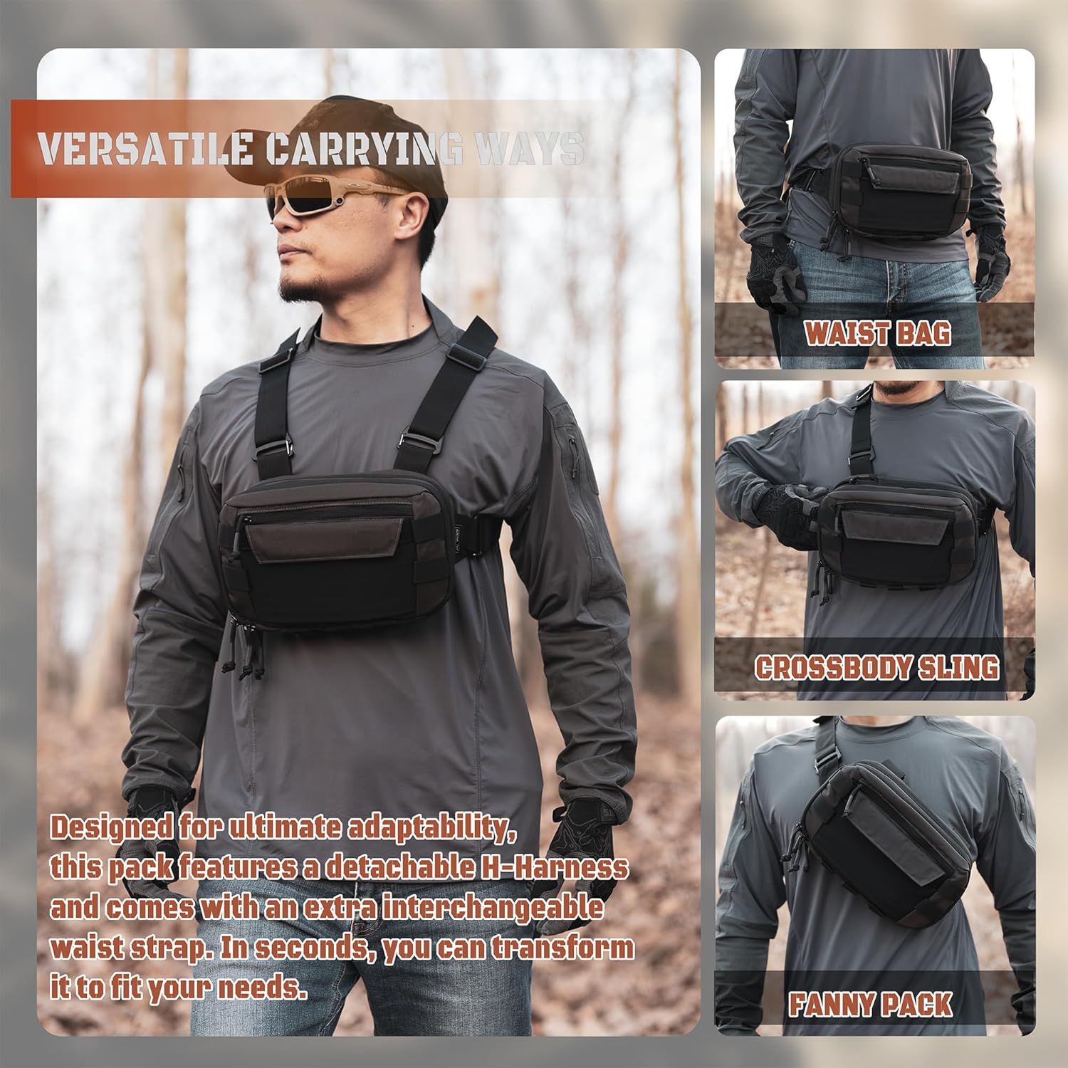 Tactical Chest Rig Pack for Men and Women, Low Profile Utility CCW Chest Bag with Gun Holster for Outdoor Hiking Hunting Gravel Cycling Biking